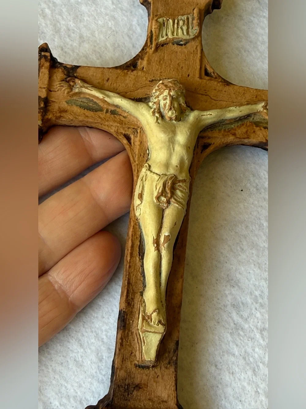 Catholic Crucifix Jesus INRI Antique Shell Finial Wall Cross 1800s
